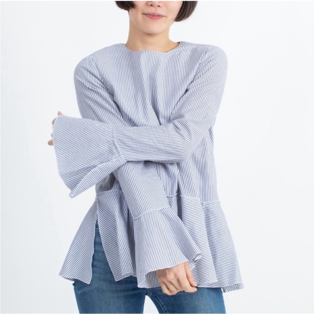 Theory Lexanda Mason Bell Sleeve Peplum Blouse Blue White Pinstripe Small